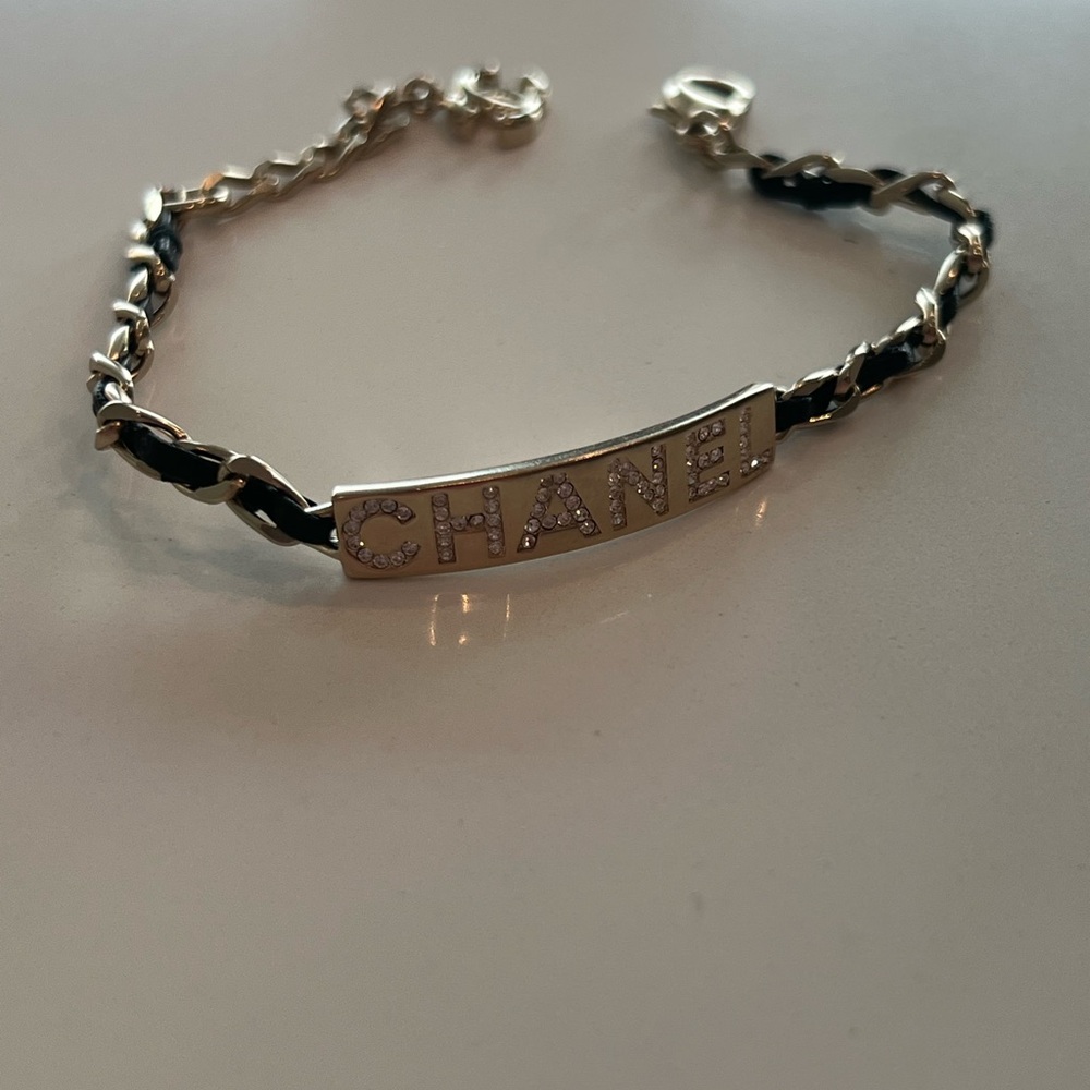 Chanel Metal Lambskin Crystal Sergeant Bracelet Black Gold (Authentic)